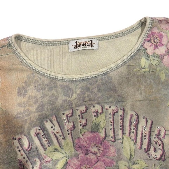 90's Y2K Cyber Grunge Cherry Blossom Floral Print 3/4 Sleeve Distressed Top - Picture 5 of 5